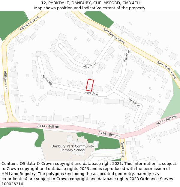 12, PARKDALE, DANBURY, CHELMSFORD, CM3 4EH: Location map and indicative extent of plot