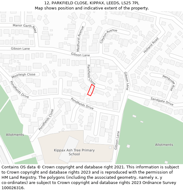 12, PARKFIELD CLOSE, KIPPAX, LEEDS, LS25 7PL: Location map and indicative extent of plot