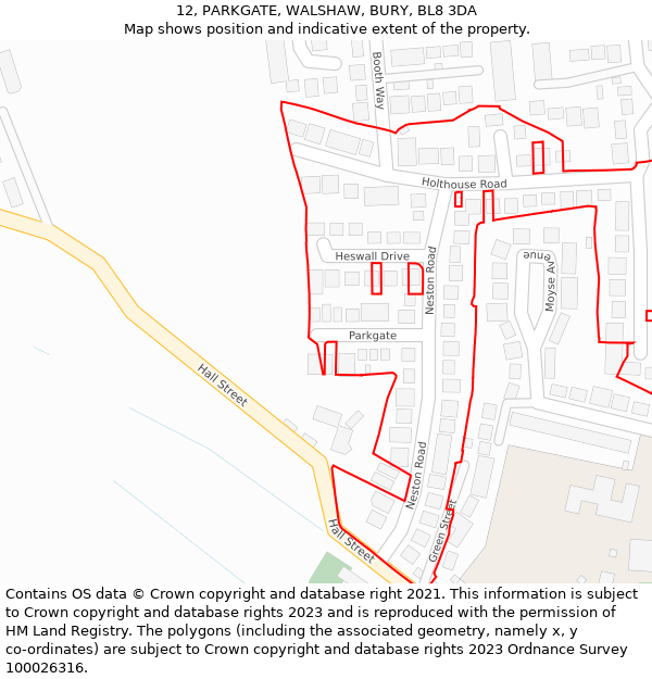 12, PARKGATE, WALSHAW, BURY, BL8 3DA: Location map and indicative extent of plot