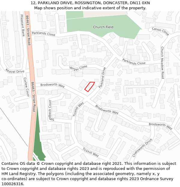 12, PARKLAND DRIVE, ROSSINGTON, DONCASTER, DN11 0XN: Location map and indicative extent of plot