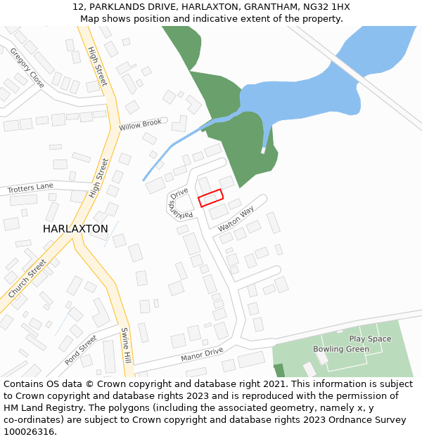 12, PARKLANDS DRIVE, HARLAXTON, GRANTHAM, NG32 1HX: Location map and indicative extent of plot