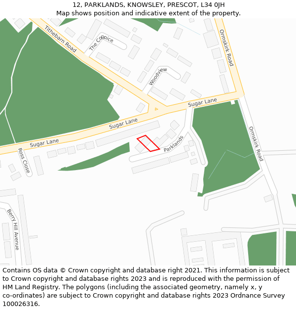 12, PARKLANDS, KNOWSLEY, PRESCOT, L34 0JH: Location map and indicative extent of plot