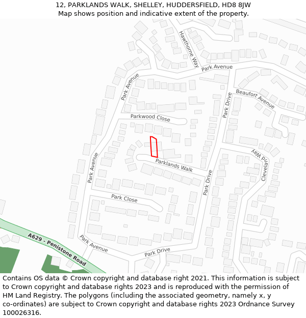 12, PARKLANDS WALK, SHELLEY, HUDDERSFIELD, HD8 8JW: Location map and indicative extent of plot