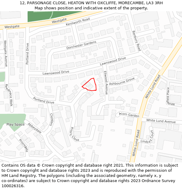 12, PARSONAGE CLOSE, HEATON WITH OXCLIFFE, MORECAMBE, LA3 3RH: Location map and indicative extent of plot