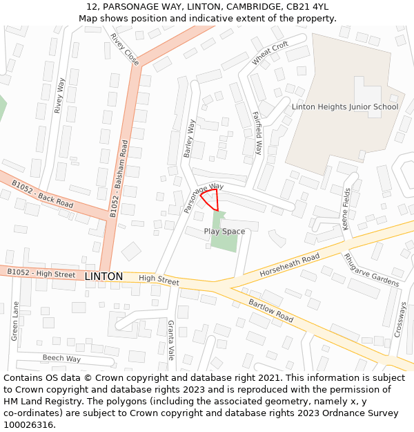 12, PARSONAGE WAY, LINTON, CAMBRIDGE, CB21 4YL: Location map and indicative extent of plot