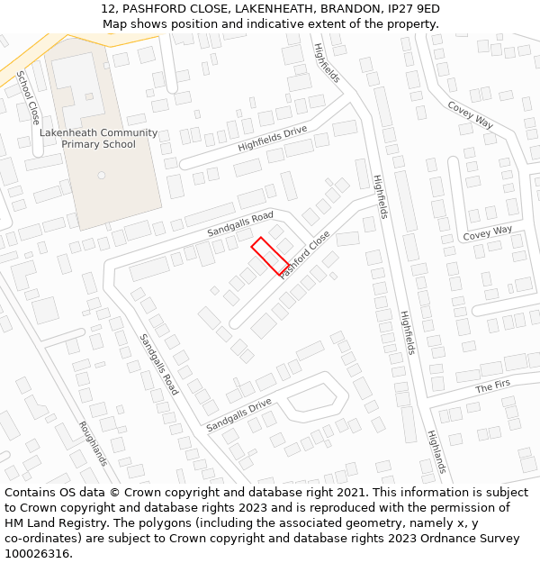 12, PASHFORD CLOSE, LAKENHEATH, BRANDON, IP27 9ED: Location map and indicative extent of plot