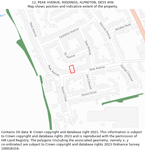 12, PEAK AVENUE, RIDDINGS, ALFRETON, DE55 4AN: Location map and indicative extent of plot