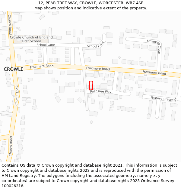 12, PEAR TREE WAY, CROWLE, WORCESTER, WR7 4SB: Location map and indicative extent of plot