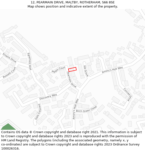 12, PEARMAIN DRIVE, MALTBY, ROTHERHAM, S66 8SE: Location map and indicative extent of plot