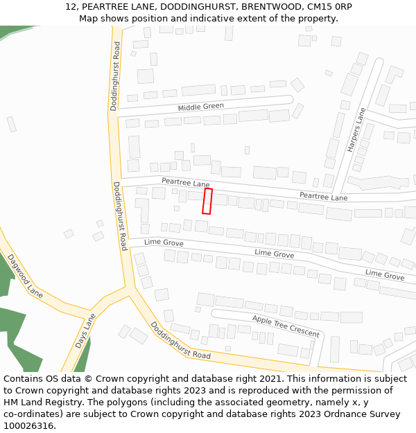 12, PEARTREE LANE, DODDINGHURST, BRENTWOOD, CM15 0RP: Location map and indicative extent of plot