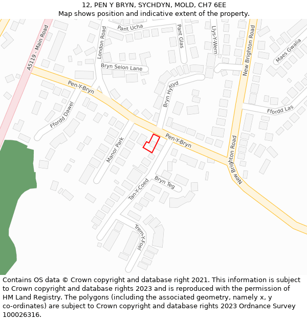 12, PEN Y BRYN, SYCHDYN, MOLD, CH7 6EE: Location map and indicative extent of plot