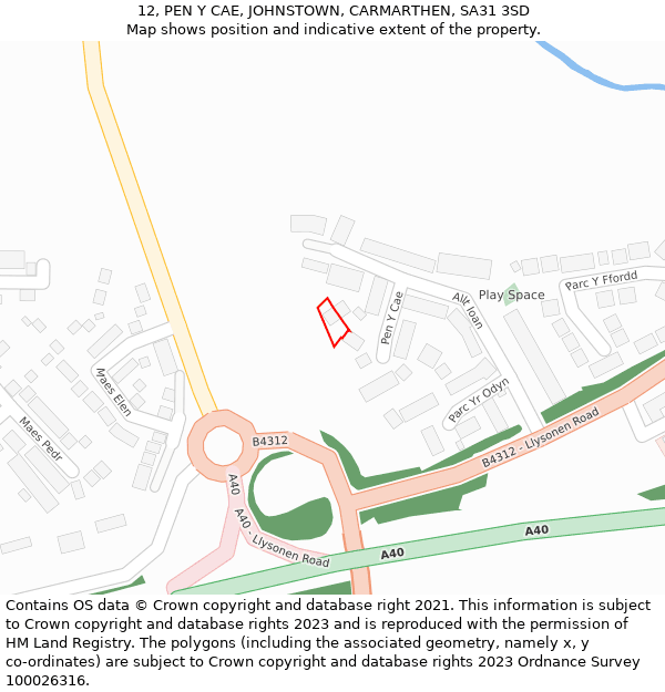 12, PEN Y CAE, JOHNSTOWN, CARMARTHEN, SA31 3SD: Location map and indicative extent of plot