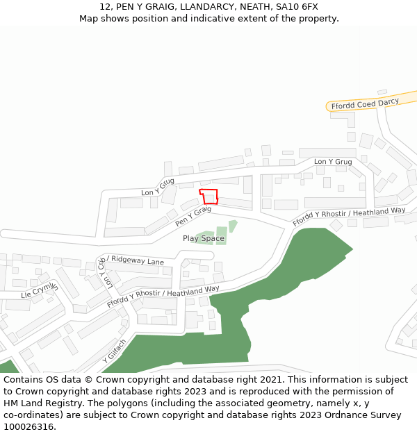 12, PEN Y GRAIG, LLANDARCY, NEATH, SA10 6FX: Location map and indicative extent of plot