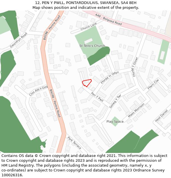 12, PEN Y PWLL, PONTARDDULAIS, SWANSEA, SA4 8EH: Location map and indicative extent of plot