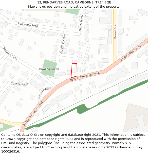 12, PENDARVES ROAD, CAMBORNE, TR14 7QE: Location map and indicative extent of plot