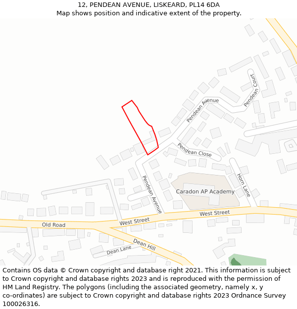 12, PENDEAN AVENUE, LISKEARD, PL14 6DA: Location map and indicative extent of plot