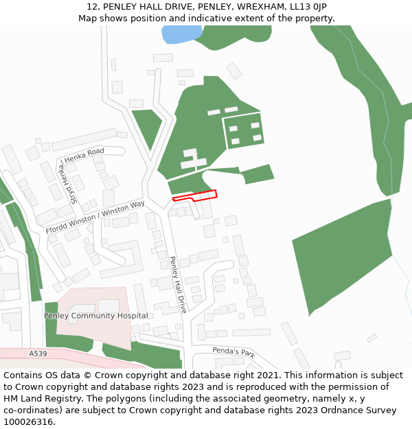 12, PENLEY HALL DRIVE, PENLEY, WREXHAM, LL13 0JP: Location map and indicative extent of plot