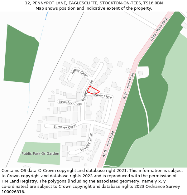 12, PENNYPOT LANE, EAGLESCLIFFE, STOCKTON-ON-TEES, TS16 0BN: Location map and indicative extent of plot