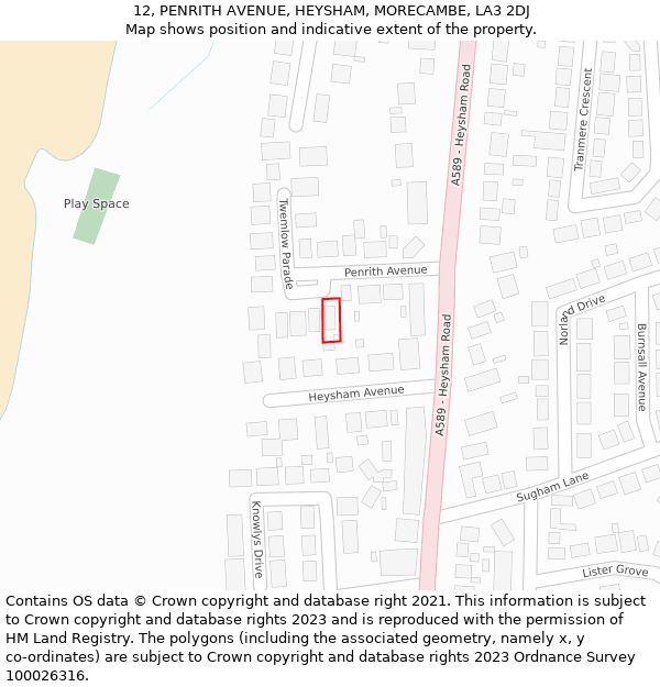 12, PENRITH AVENUE, HEYSHAM, MORECAMBE, LA3 2DJ: Location map and indicative extent of plot