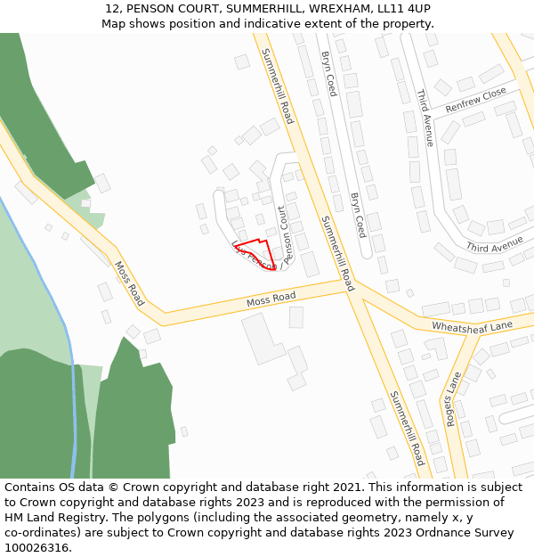 12, PENSON COURT, SUMMERHILL, WREXHAM, LL11 4UP: Location map and indicative extent of plot