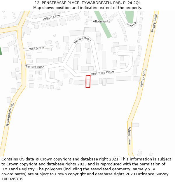 12, PENSTRASSE PLACE, TYWARDREATH, PAR, PL24 2QL: Location map and indicative extent of plot