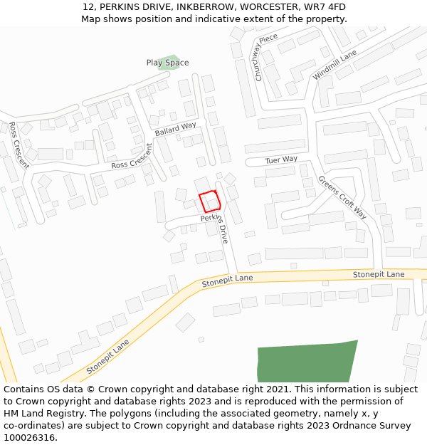 12, PERKINS DRIVE, INKBERROW, WORCESTER, WR7 4FD: Location map and indicative extent of plot