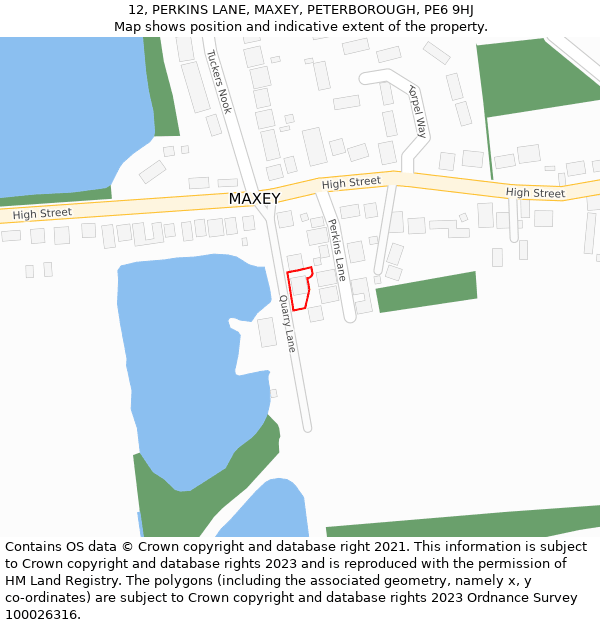 12, PERKINS LANE, MAXEY, PETERBOROUGH, PE6 9HJ: Location map and indicative extent of plot