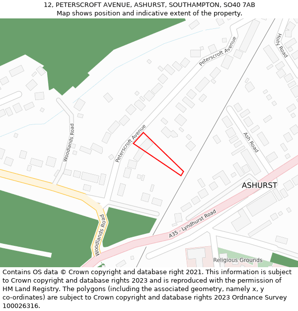12, PETERSCROFT AVENUE, ASHURST, SOUTHAMPTON, SO40 7AB: Location map and indicative extent of plot