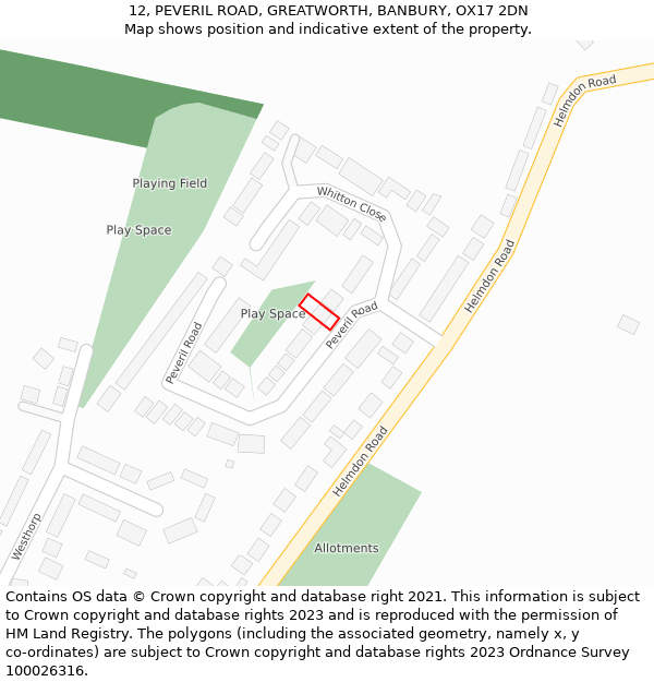 12, PEVERIL ROAD, GREATWORTH, BANBURY, OX17 2DN: Location map and indicative extent of plot