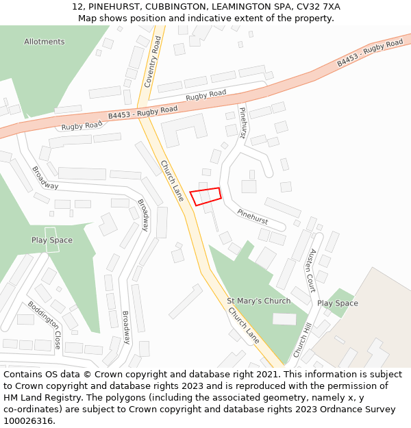 12, PINEHURST, CUBBINGTON, LEAMINGTON SPA, CV32 7XA: Location map and indicative extent of plot