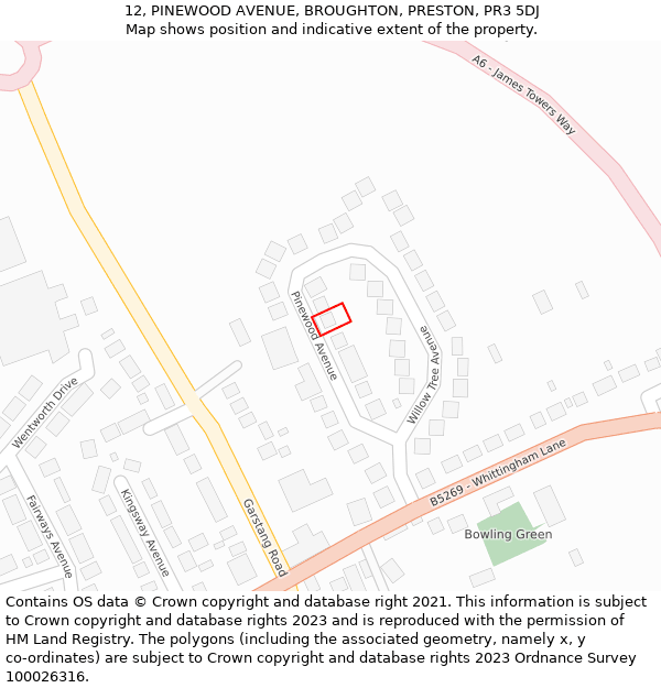 12, PINEWOOD AVENUE, BROUGHTON, PRESTON, PR3 5DJ: Location map and indicative extent of plot