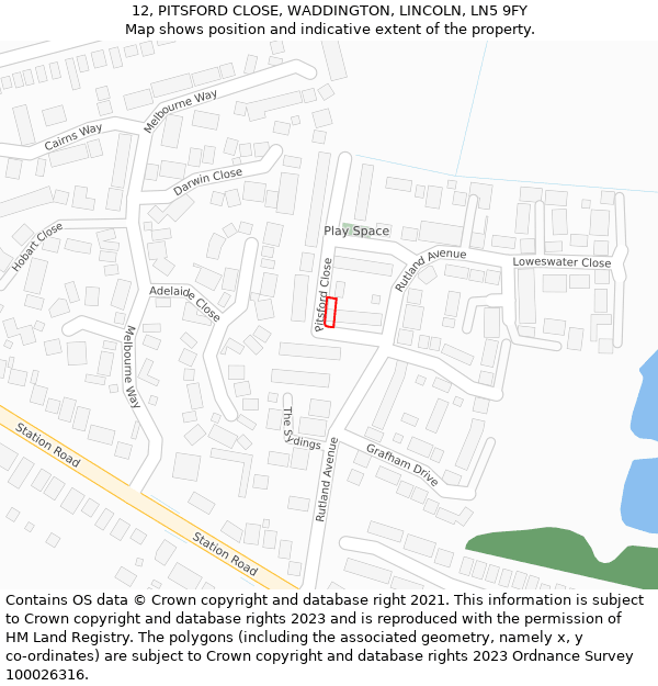 12, PITSFORD CLOSE, WADDINGTON, LINCOLN, LN5 9FY: Location map and indicative extent of plot