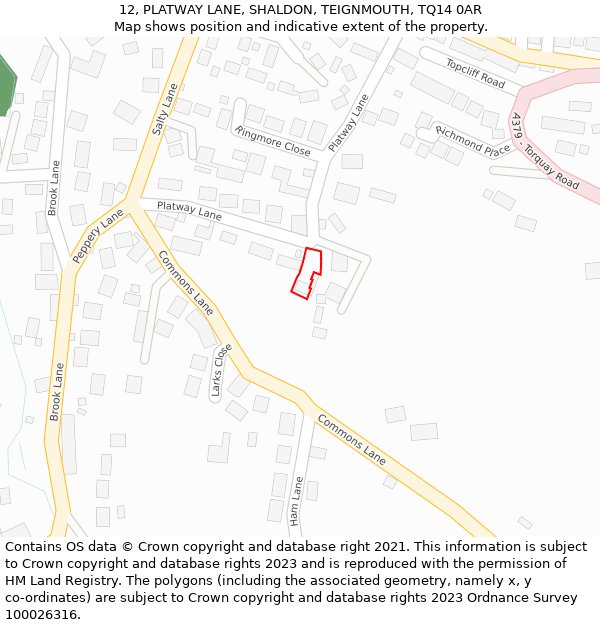 12, PLATWAY LANE, SHALDON, TEIGNMOUTH, TQ14 0AR: Location map and indicative extent of plot