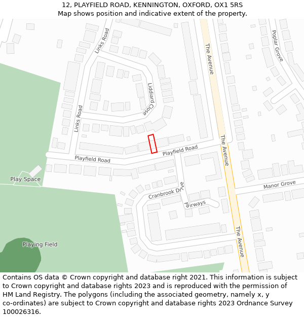 12, PLAYFIELD ROAD, KENNINGTON, OXFORD, OX1 5RS: Location map and indicative extent of plot