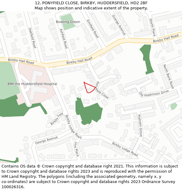12, PONYFIELD CLOSE, BIRKBY, HUDDERSFIELD, HD2 2BF: Location map and indicative extent of plot