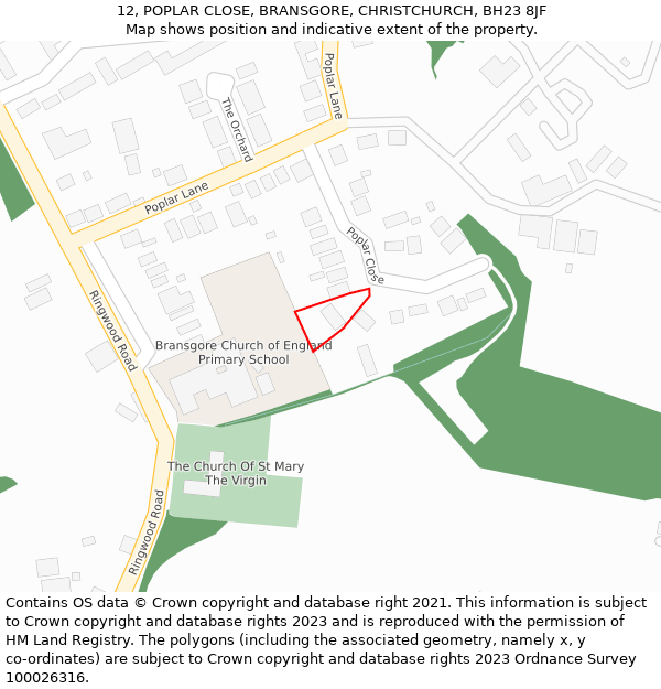 12, POPLAR CLOSE, BRANSGORE, CHRISTCHURCH, BH23 8JF: Location map and indicative extent of plot