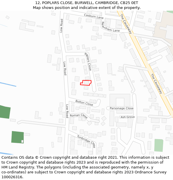 12, POPLARS CLOSE, BURWELL, CAMBRIDGE, CB25 0ET: Location map and indicative extent of plot