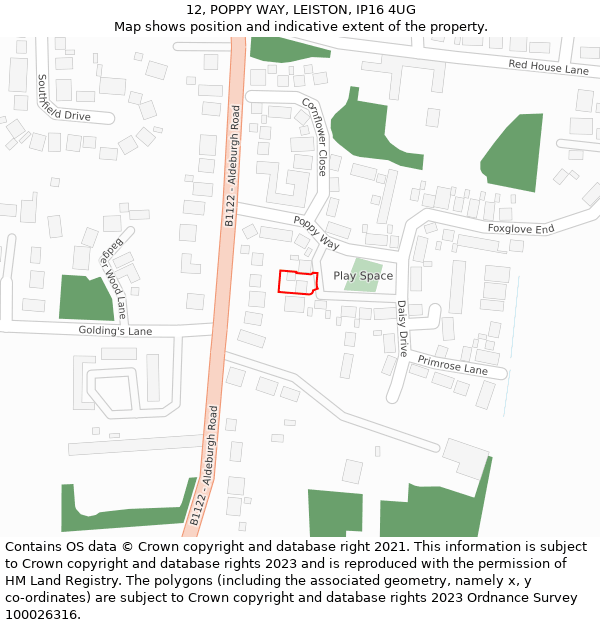 12, POPPY WAY, LEISTON, IP16 4UG: Location map and indicative extent of plot