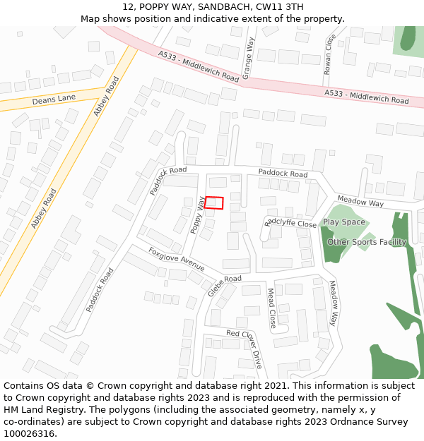 12, POPPY WAY, SANDBACH, CW11 3TH: Location map and indicative extent of plot