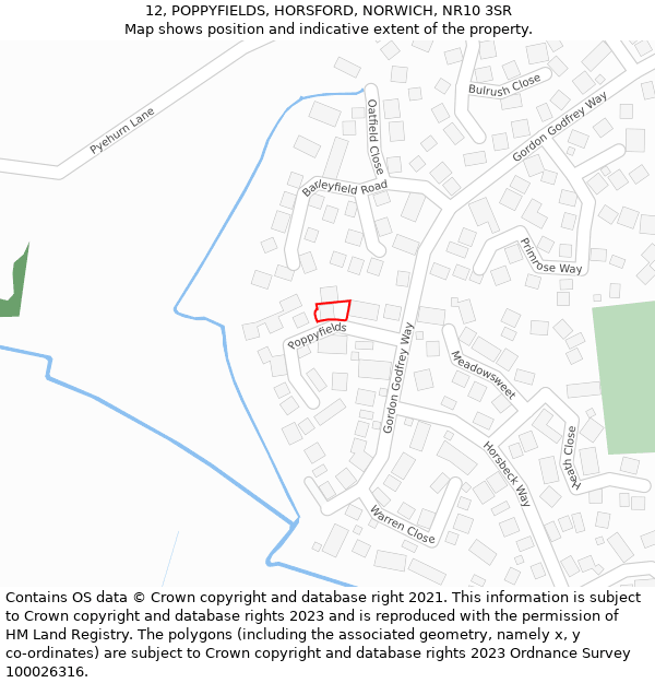 12, POPPYFIELDS, HORSFORD, NORWICH, NR10 3SR: Location map and indicative extent of plot