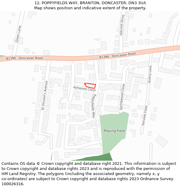 12, POPPYFIELDS WAY, BRANTON, DONCASTER, DN3 3UA: Location map and indicative extent of plot