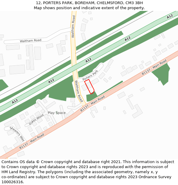 12, PORTERS PARK, BOREHAM, CHELMSFORD, CM3 3BH: Location map and indicative extent of plot