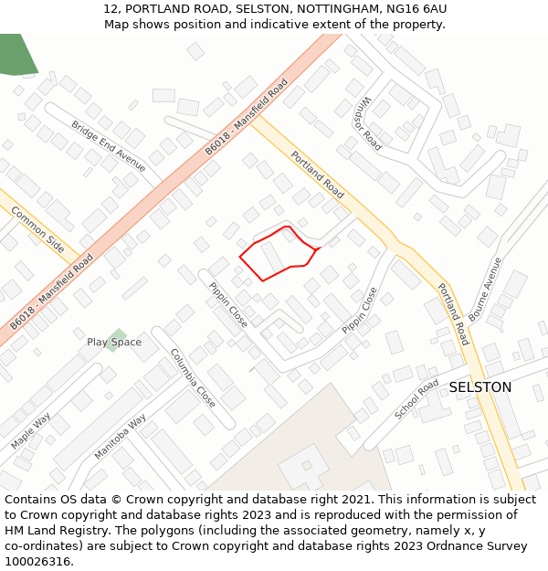 12, PORTLAND ROAD, SELSTON, NOTTINGHAM, NG16 6AU: Location map and indicative extent of plot