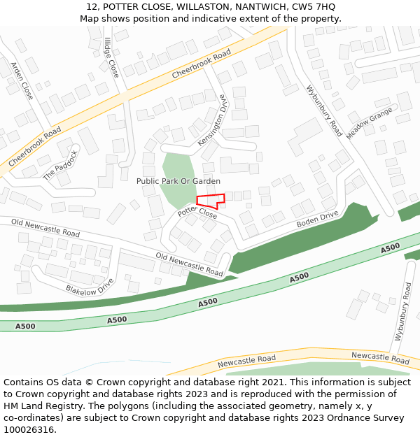 12, POTTER CLOSE, WILLASTON, NANTWICH, CW5 7HQ: Location map and indicative extent of plot