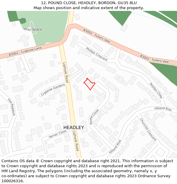 12, POUND CLOSE, HEADLEY, BORDON, GU35 8LU: Location map and indicative extent of plot
