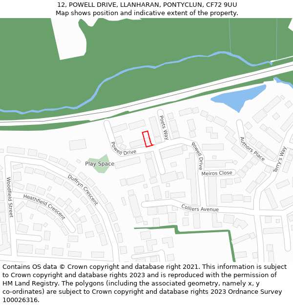 12, POWELL DRIVE, LLANHARAN, PONTYCLUN, CF72 9UU: Location map and indicative extent of plot