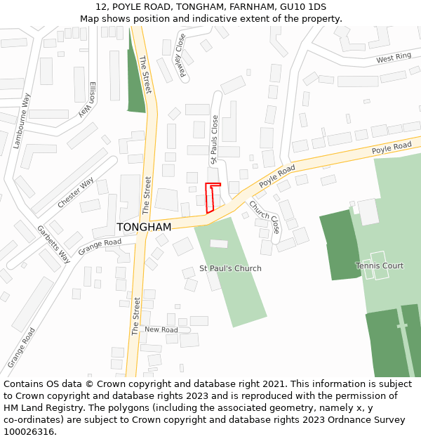 12, POYLE ROAD, TONGHAM, FARNHAM, GU10 1DS: Location map and indicative extent of plot