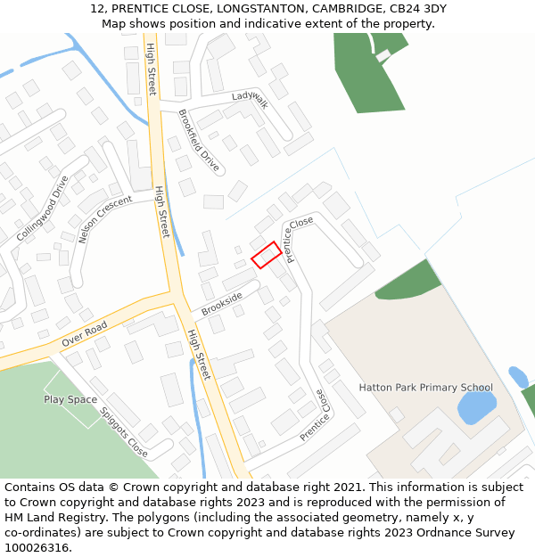 12, PRENTICE CLOSE, LONGSTANTON, CAMBRIDGE, CB24 3DY: Location map and indicative extent of plot