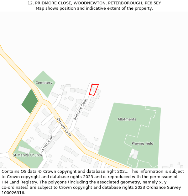 12, PRIDMORE CLOSE, WOODNEWTON, PETERBOROUGH, PE8 5EY: Location map and indicative extent of plot