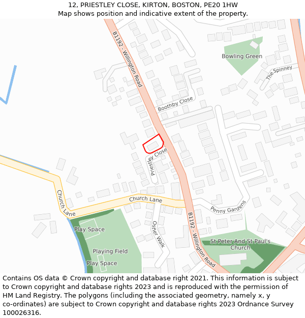 12, PRIESTLEY CLOSE, KIRTON, BOSTON, PE20 1HW: Location map and indicative extent of plot